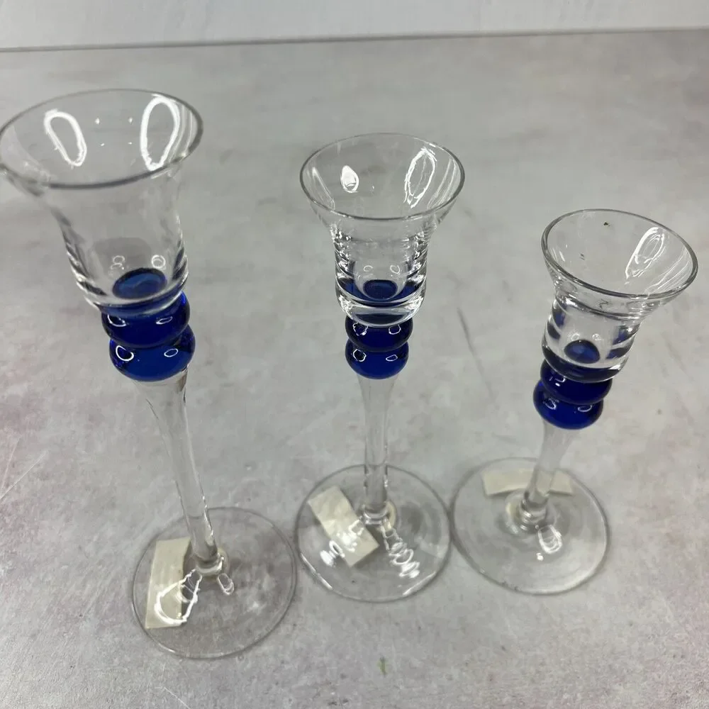 Home Trends MCM Candleholders Glass Set Of‎ 3 Clear & Blue